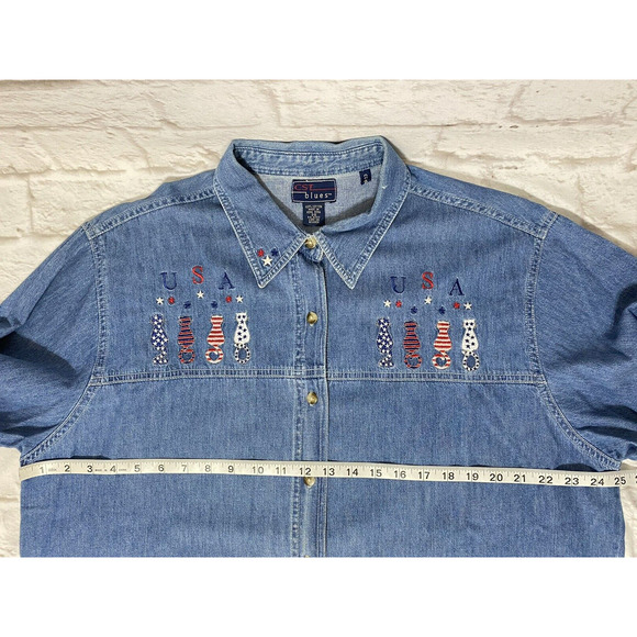 CST Blues Denim Shirt Womens Embroidered Patriotic Stars USA Cats Plus Size 20 - Picture 3 of 4